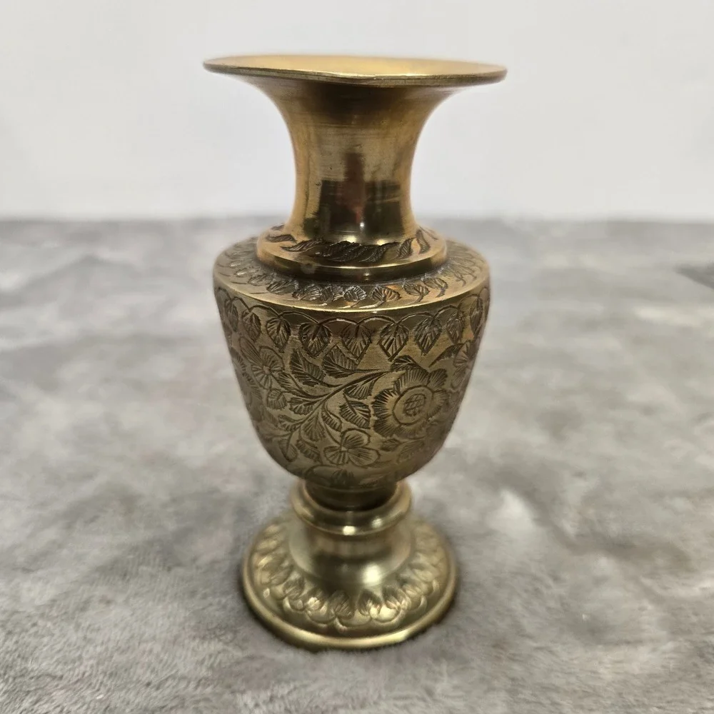 Vintage Etched Brass Bud Vase India Floral Engraved Pedestal Mini Vase 5.25 Inch